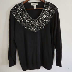 Vtg Sweater Beaded Embellished V Neckline Black Silver sz Large Elegant Party 80